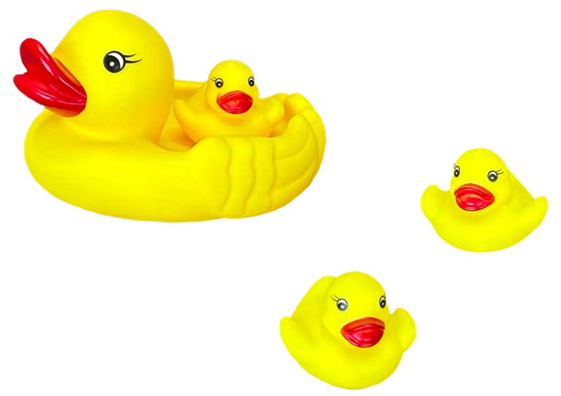 Three rubber ducks on white background